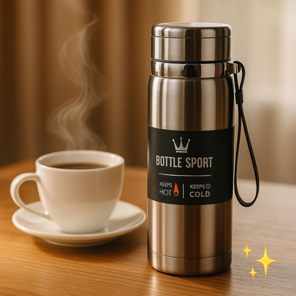 ESTILI-Edelstahl-Thermoflasche. Hält Getränke bis zu 12 Stunden heiß oder kalt